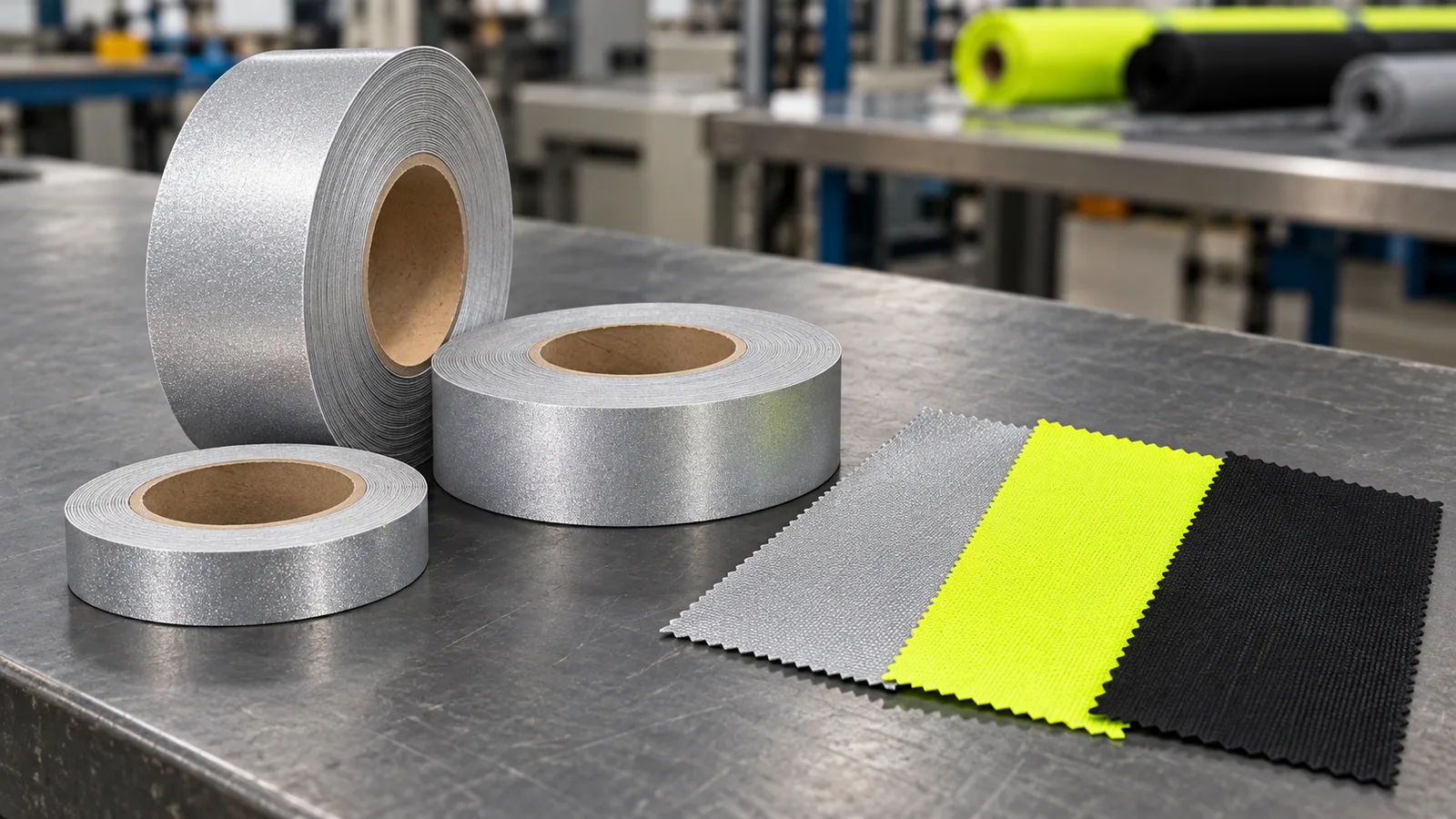 Rolls of silver reflective tape beside yellow and black reflective fabric swatches on a workbench