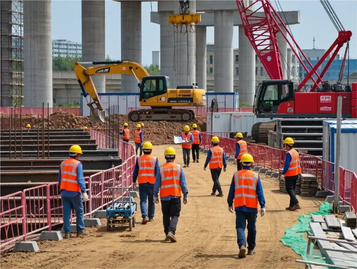 Workers wearing orange reflective vests at a construction site