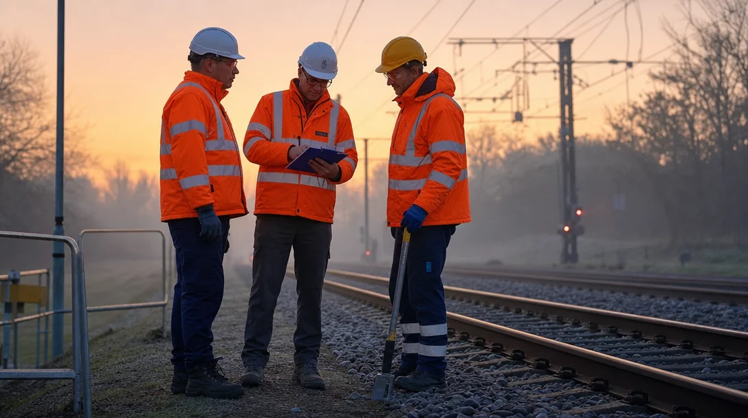 Workers wearing orange reflective jackets beside railway tracks