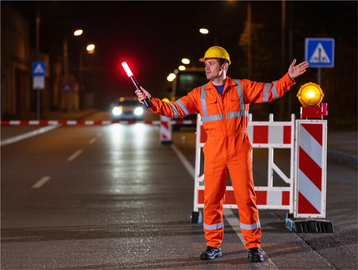 A road worker wearing high-visibility clothing in a traffic work zone