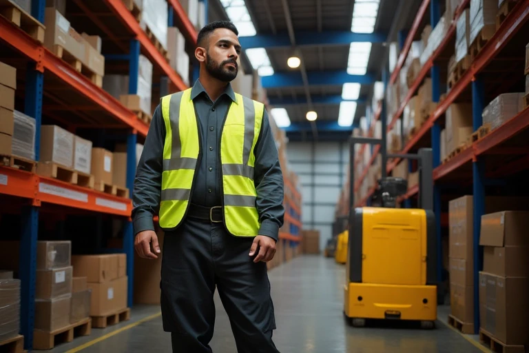 High-visibility workwear in a warehouse and logistics setting