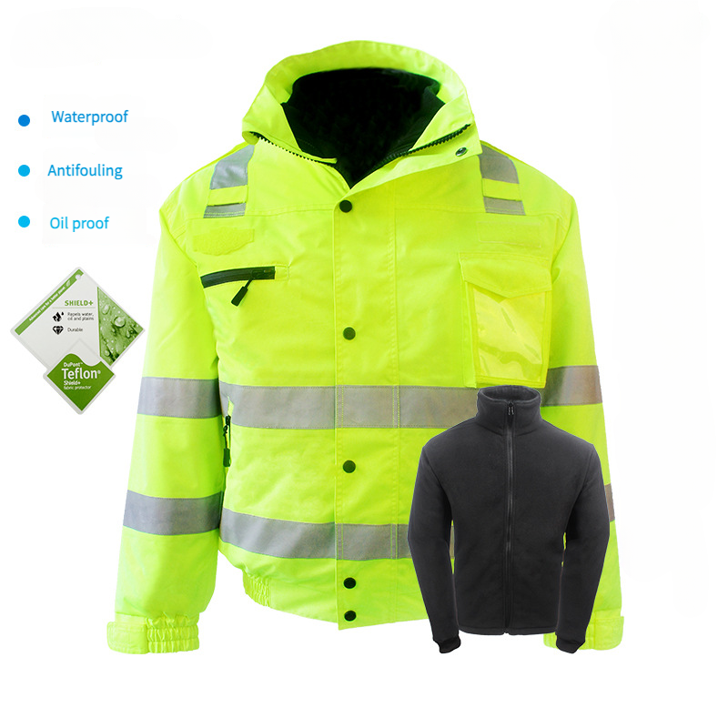 High-Visibility Reflective Cotton Jacket Removable Collar Winter Overcoat Heavy Raincoat Highway Patrol