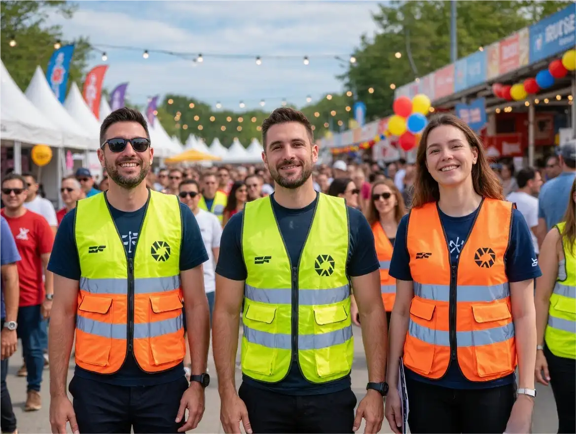 Event management staff in lightweight safety vests with printed logos at a crowded public gathering, vibrant colors, professional appearance, attendees in background, festival atmosphere