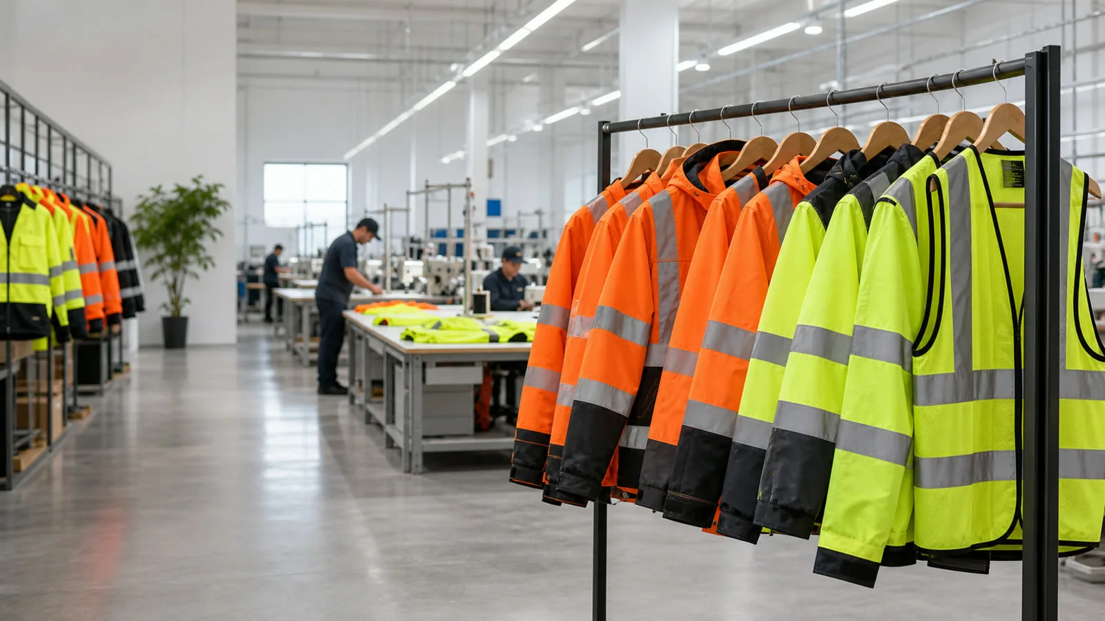 High-visibility safety jackets displayed in a professional garment factory
