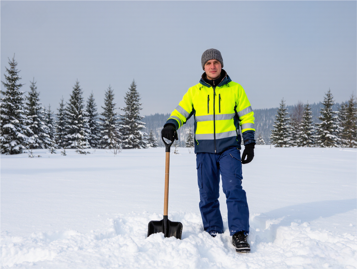 Worker in polar fleece hi-vis jacket standing in snowy winter conditions