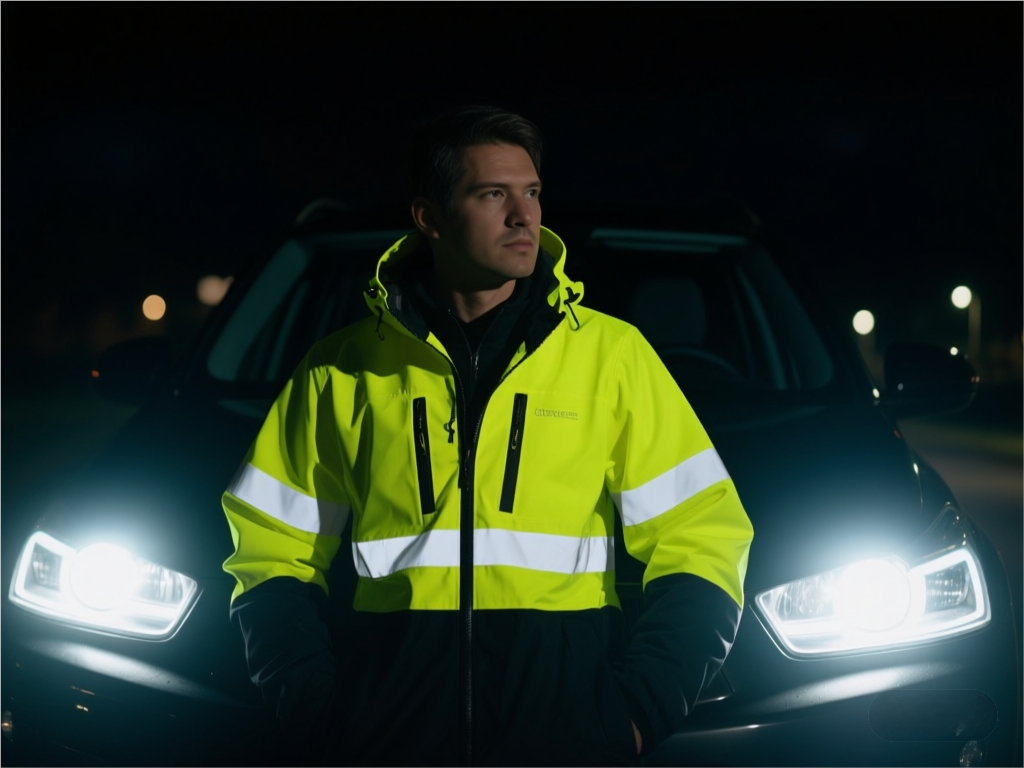 提示词 night driving on dark wet road with headlights illuminating reflective surfaces 在黑暗潮湿的道路上夜间行驶,前灯照亮反射表面 fluorescent yellow high-visibility jacket glowing in car headlights at night