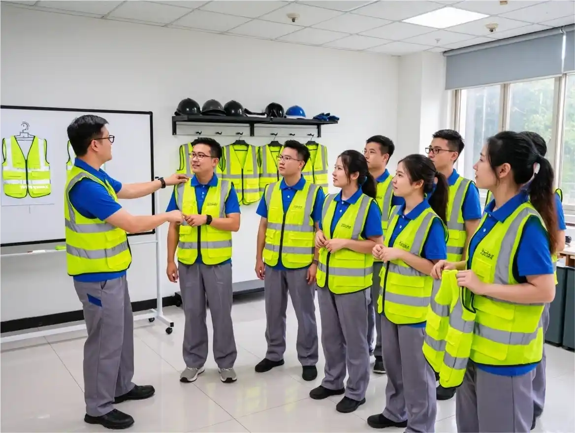 safety training session showing workers how to properly wear and maintain high-visibility vests