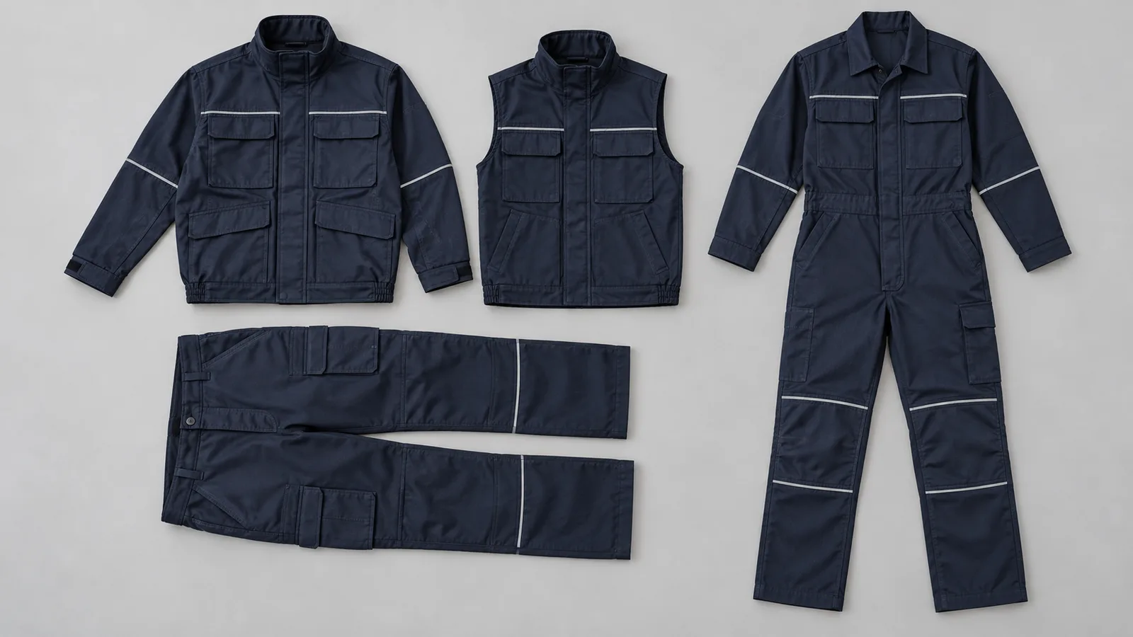 FR jacket, vest, work pants and coveralls in matching dark flame resistant cotton fabric shown as a coordinated workwear kit