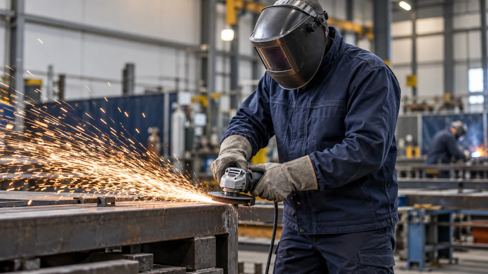 Worker wearing a dark navy flame resistant safety jacket while grinding metal at an industrial workbench with deflected sparks