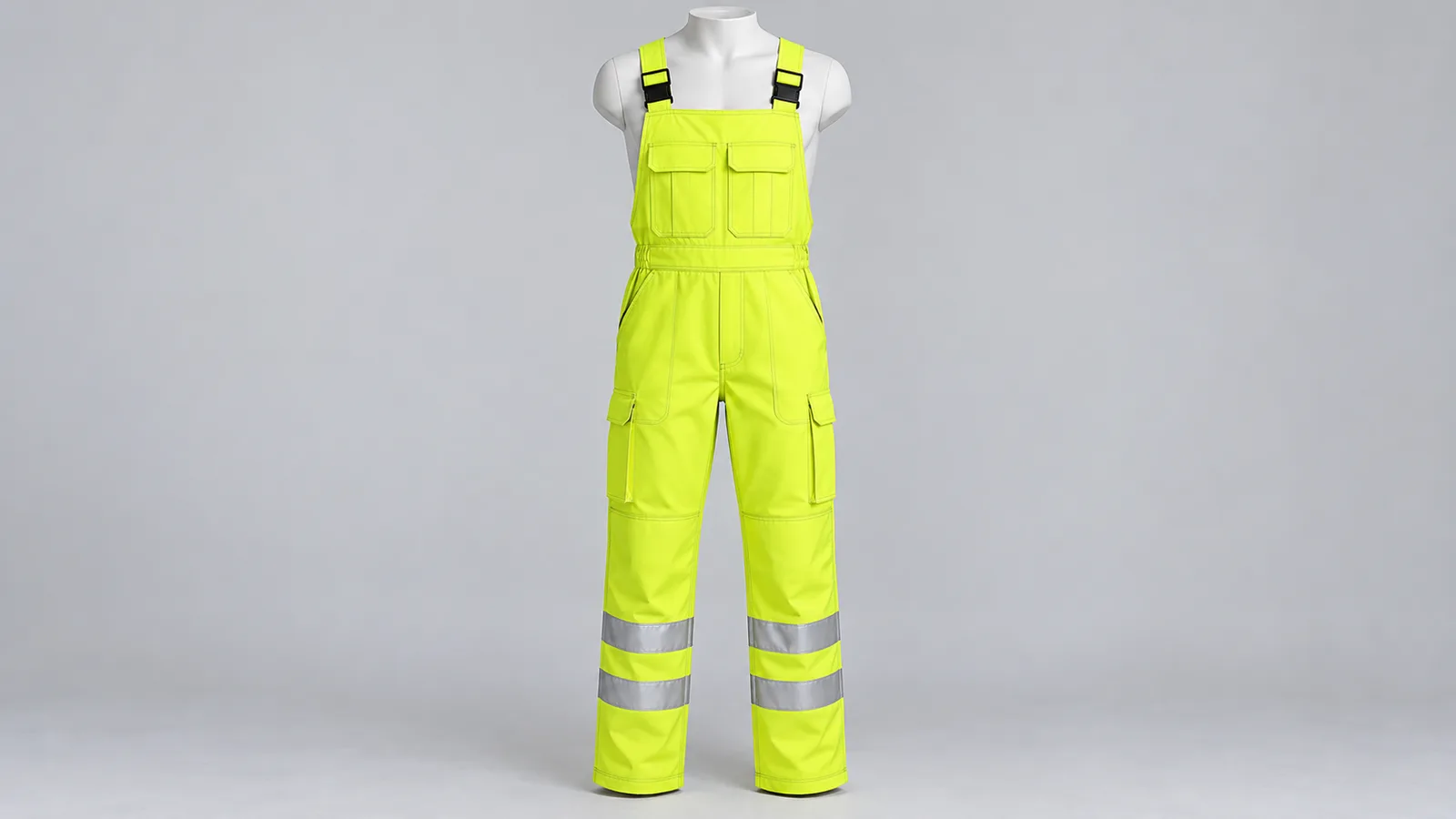 Hi vis bib and brace overalls in fluorescent yellow-green with chest panel, shoulder braces and leg-level reflective bands shown on a mannequin