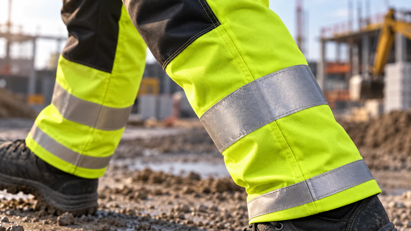 Close-up of leg-level retroreflective bands encircling the calf and ankle of hi vis work trousers with a dark contrast knee panel