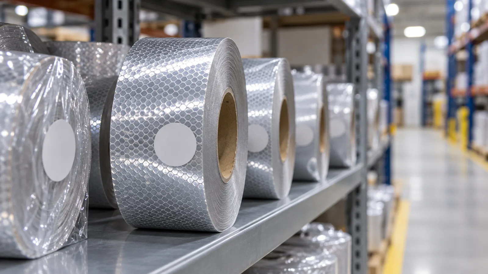 Rolls of reflective tape stored with plain solid-color batch stickers on a warehouse shelf