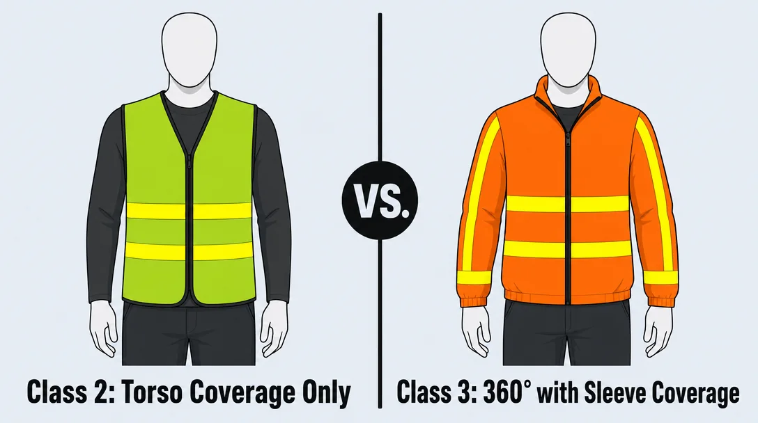 Technical infographic comparing ANSI Class 2 hi-vis vest showing reflective tape around torso only versus ANSI Class 3 hi-vis jacket showing reflective tape on both torso and sleeves for 360-degree visibility coverage