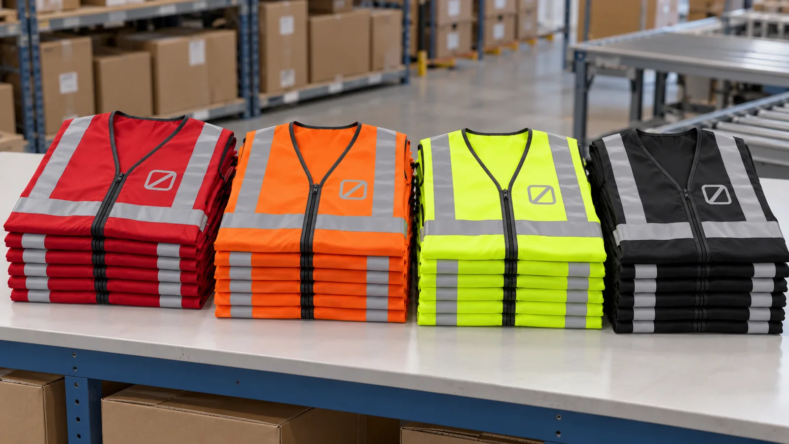 Neatly stacked bulk safety vests in red, orange, yellow-green and black, each printed with the same simple logo mark on the chest
