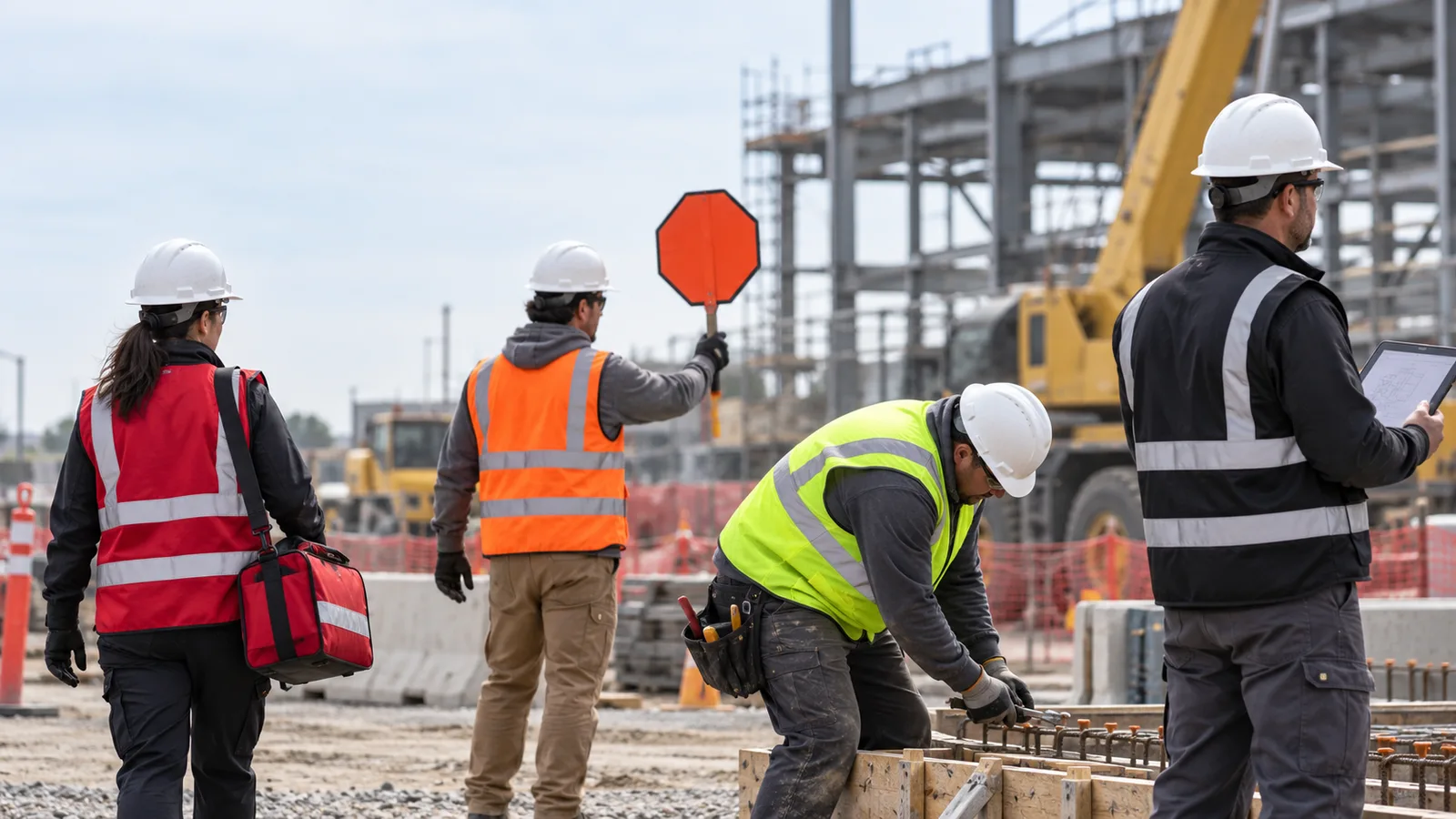 Workers wearing red, orange, yellow-green and black safety vests marking different site roles on an active construction site