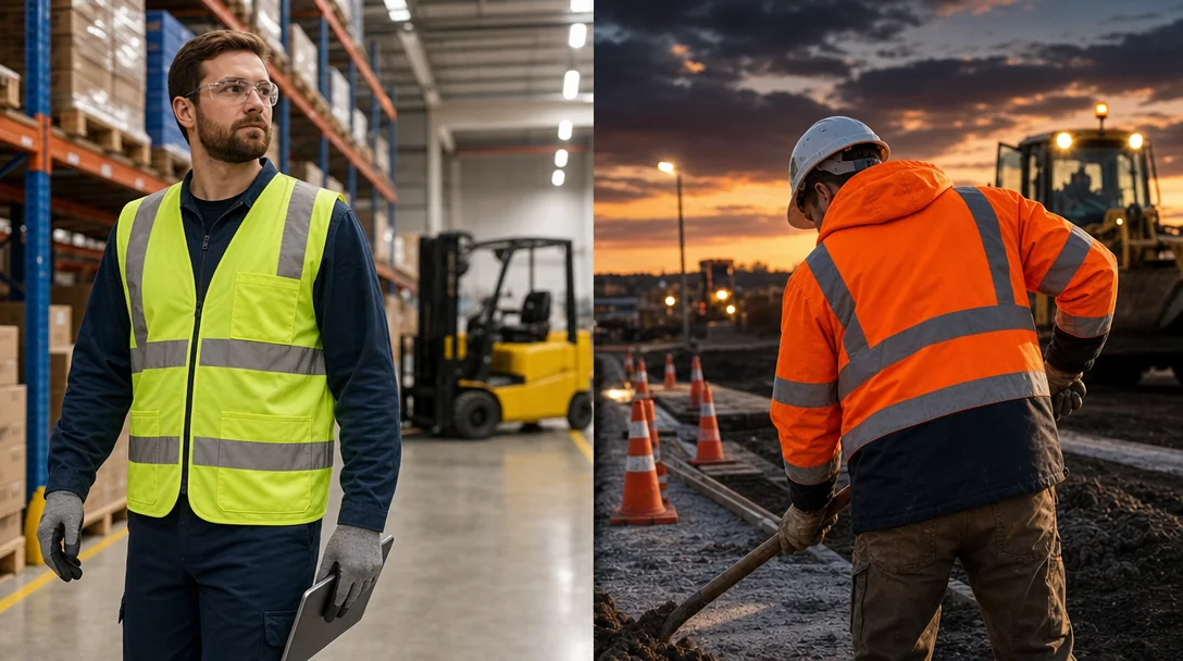 Split scene comparison: left side shows a warehouse worker wearing a Class 2 lime-green hi-vis vest in a well-lit logistics center with forklifts, right side shows a construction worker wearing a Class 3 orange hi-vis jacket with reflective sleeves at a dusk road construction site with traffic cones